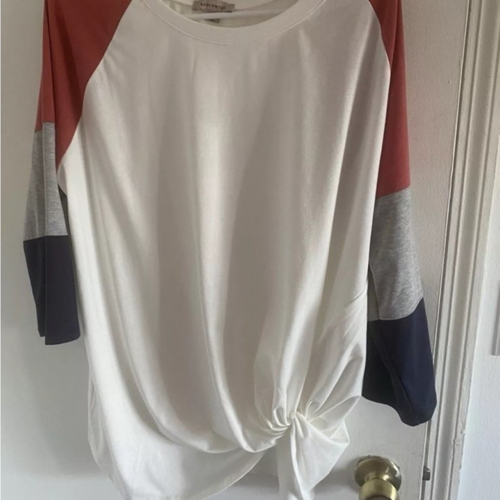 White and Pink Tie Front 3/4 Sleeve T-Shirt